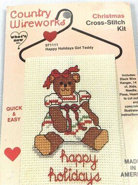 Vintage Christmas Cross Stitch Kit Happy Holidays Girl Teddy Country Wireworks